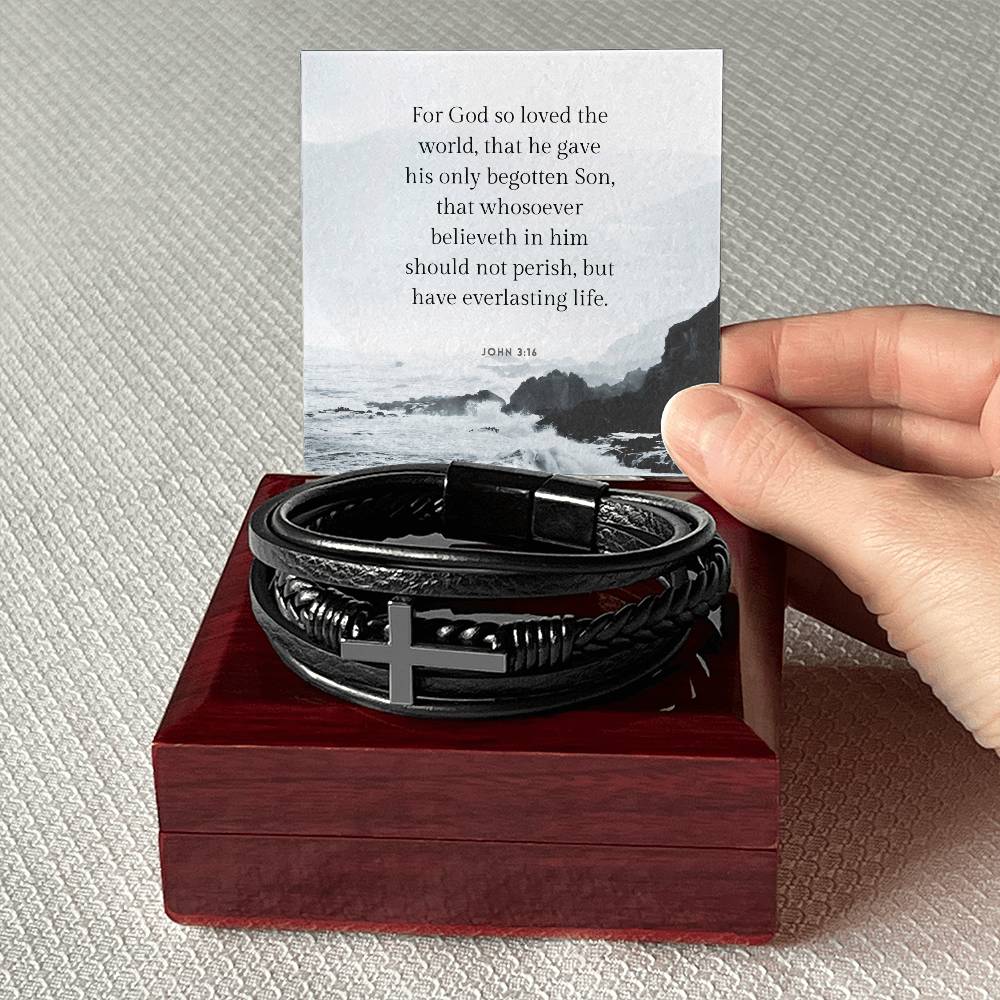 For God So Loved John 3:16 Men's Cross Bracelet - Vegan Leather with Stainless Steel