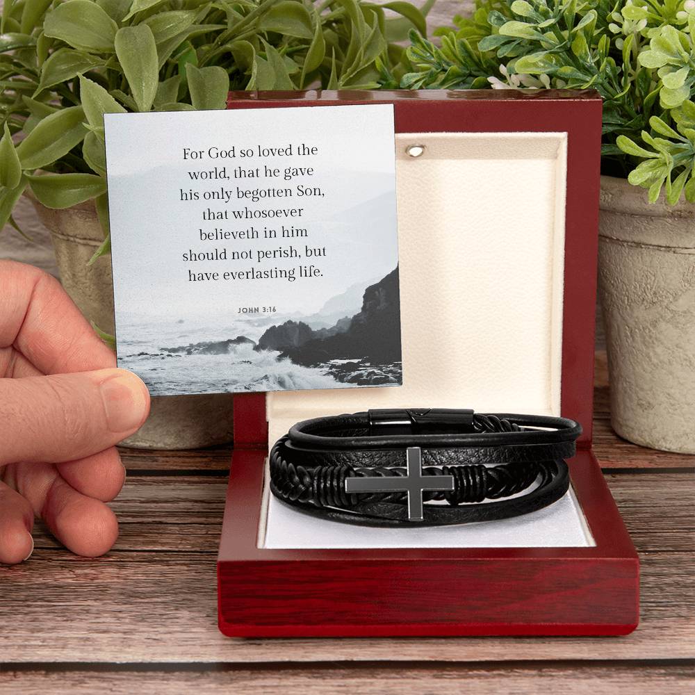 For God So Loved John 3:16 Men's Cross Bracelet - Vegan Leather with Stainless Steel