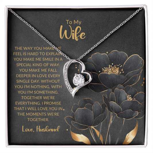 "To My Wife" Heart Pendant Necklace – Elegant Silver or Gold Tone with Cubic Zirconia and Sentimental Message Card