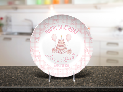 Personalized Pink Coquette Bow Ribbon First Birthday Plate - Pink & White Smash Cake 1st Birthday