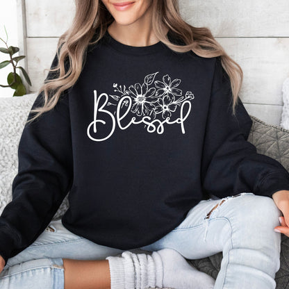 Floral Blessed Graphic Sweatshirt, Inspirational Women's Clothing, Casual Pullover, Comfy Top with Positive Message - Mardonyx Sweatshirt