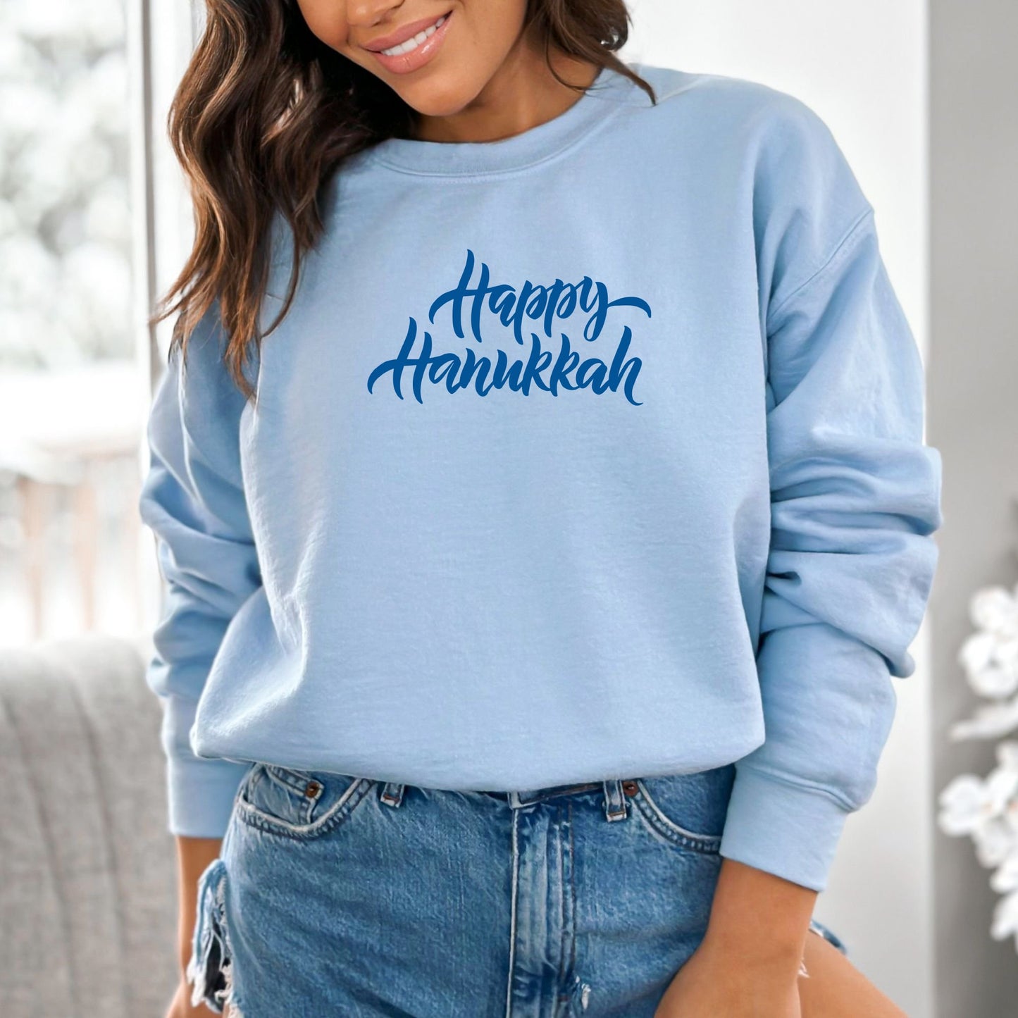 Hanukkah Sweatshirt, Happy Hanukkah - Mardonyx Sweatshirt S / Light Blue