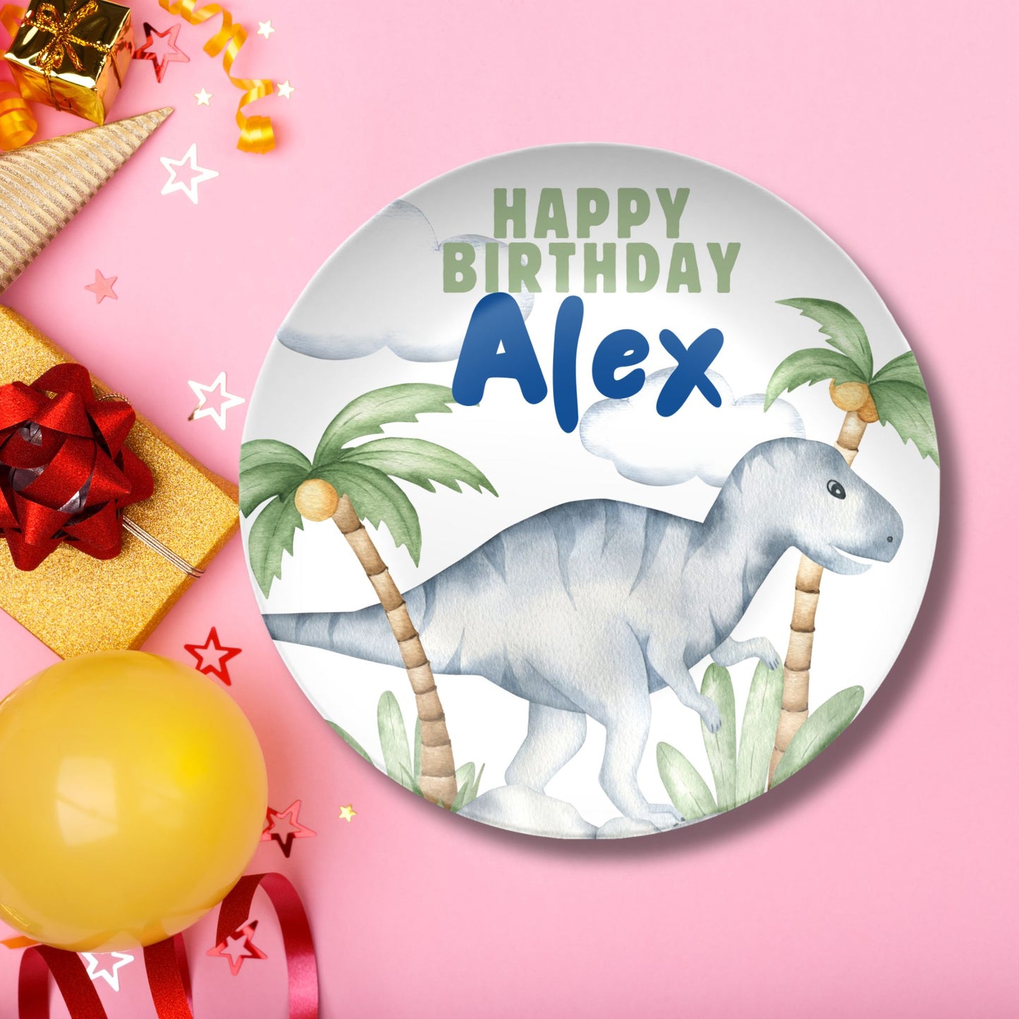 Personalized Watercolor Dinosaur Birthday Plate – Custom Name Keepsake for Kids