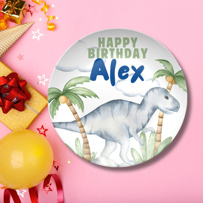 Personalized Watercolor Dinosaur Birthday Plate – Custom Name Keepsake for Kids