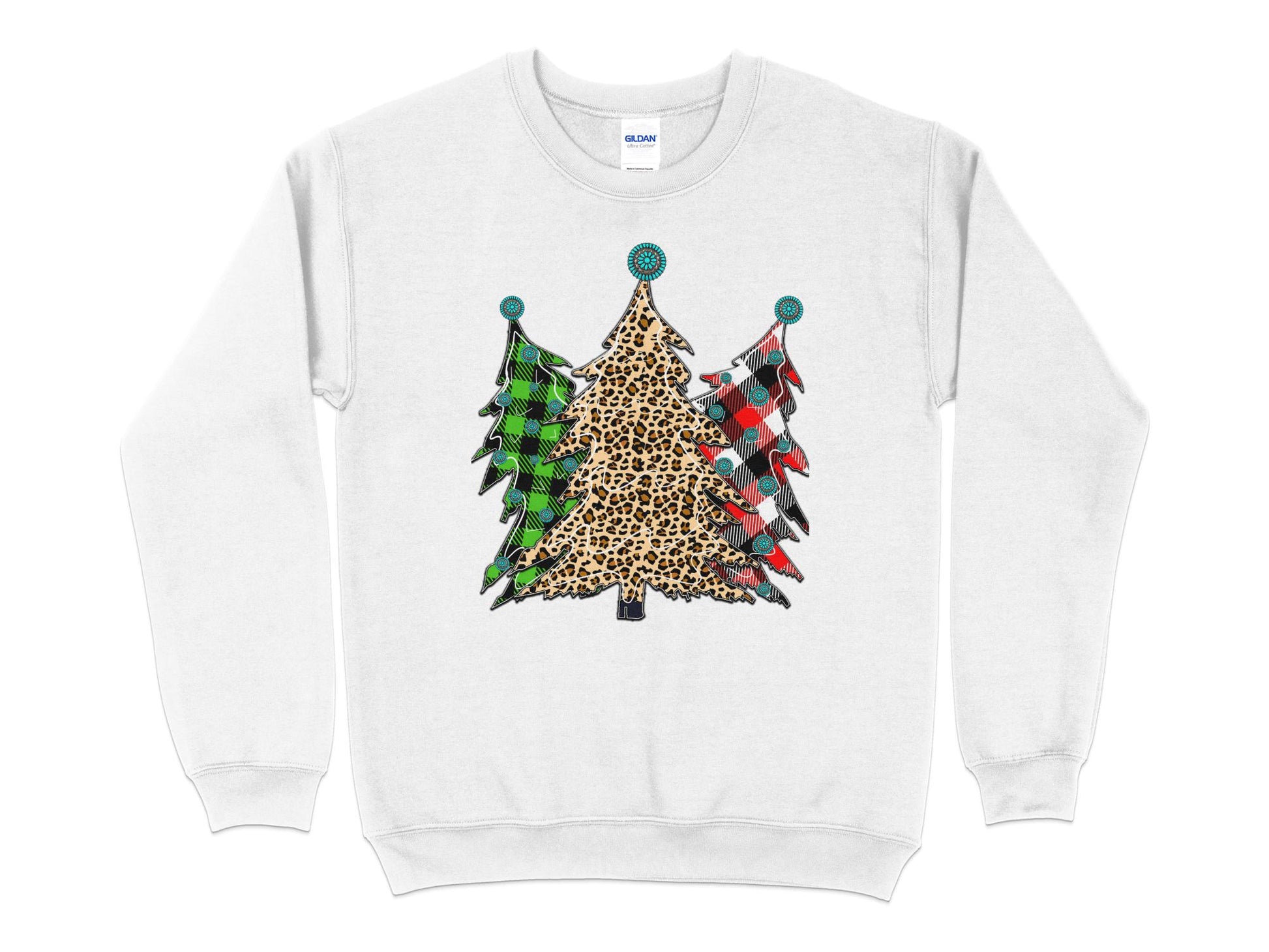 Christmas Tree Leopard Plaid Sweatshirt, Womens Cute Christmas Sweater, Christmas Holiday Party Pullover, Leopard Print Crewneck Knit - Mardonyx Sweatshirt S / White