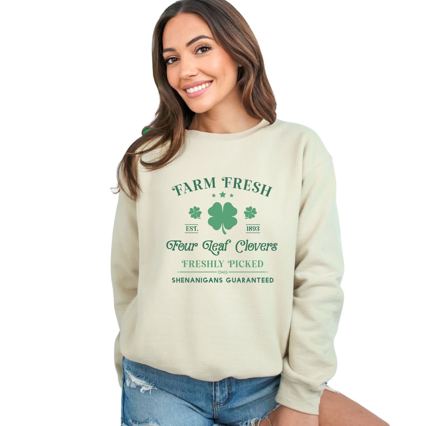 Farm Fresh Four Leaf Clovers Sweatshirt, Vintage Style St. Patrick's Day Apparel, Unisex Green Pullover, Irish Heritage Clothing - Mardonyx Sweatshirt S / Sand