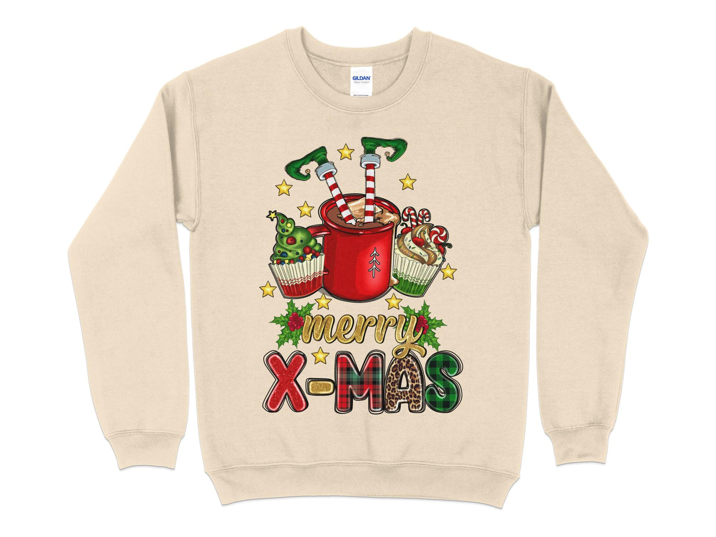 Merry Christmas Elf in Cup Sweatshirt, Funny Christmas Shirt for Women, Christmas Crewneck, funny Holiday Sweater, Plus Size Options - Mardonyx Sweatshirt S / Sand