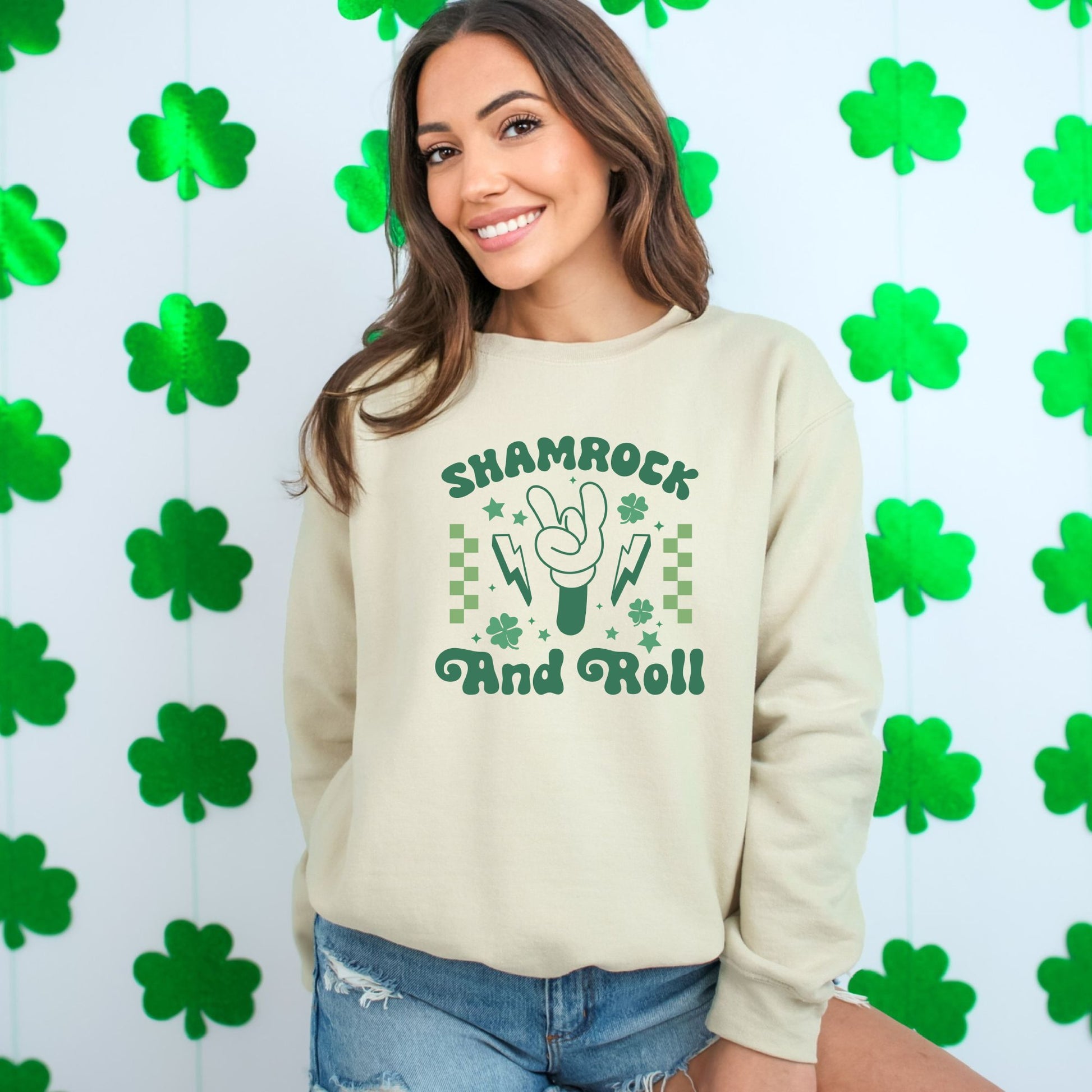 Unisex Shamrock and Roll Sweatshirt, St. Patrick's Day Casual Pullover, Green Graphic Crewneck, Lucky Clover Sweater, Irish Music Top - Mardonyx Sweatshirt