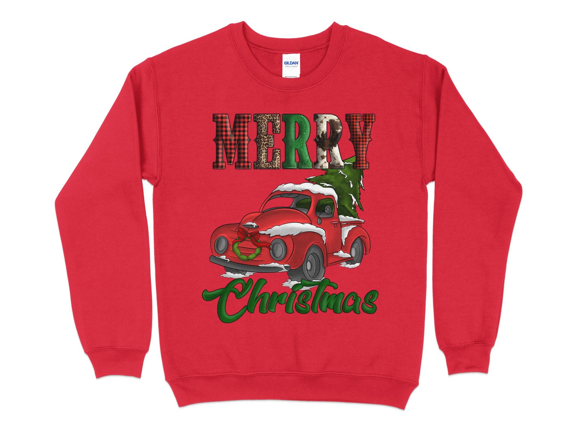 Merry Christmas Red Truck Cow Leopard Buffalo Print Sweatshirt, Christmas Sweater - Mardonyx Sweatshirt S / Red