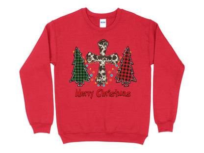 Merry Christmas Cow Print Cross Buffalo Plaid Tree Sweatshirt, Christmas Sweater, Cute Christmas Shirt, Holiday Shirt, Xmas Gifts - Mardonyx Sweatshirt S / Red