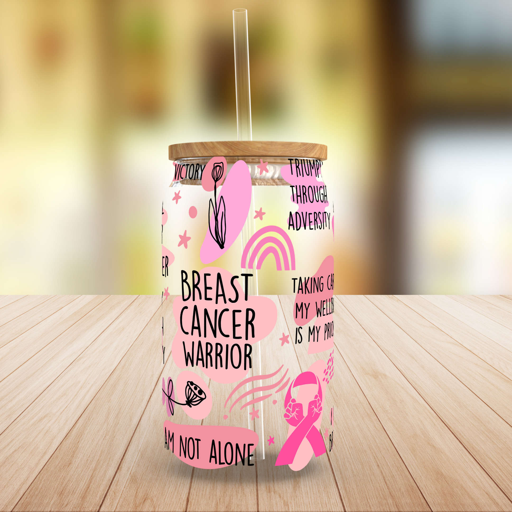 Breast Cancer Survivor Sipper Glass with Lid, 16 oz - Mardonyx Mug