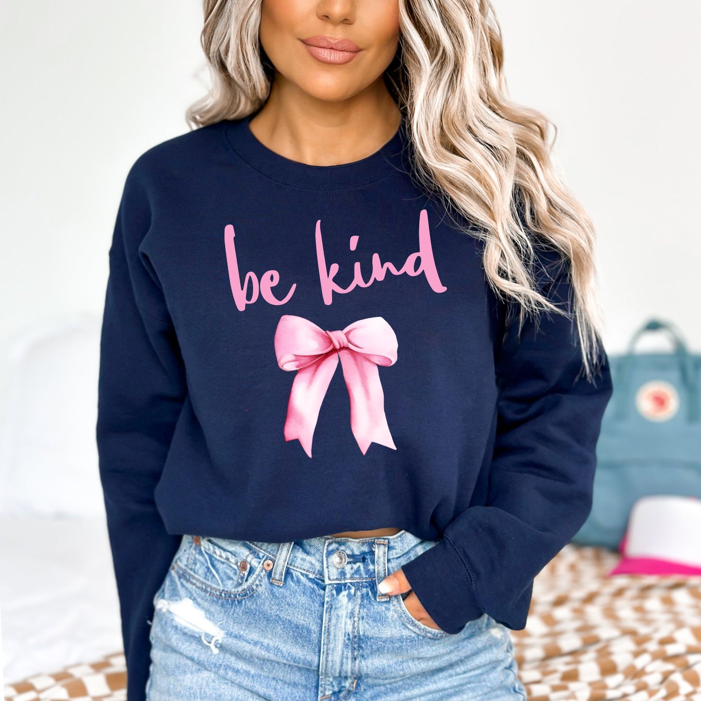 Be Kind Pink Bow Graphic Coquette Sweatshirt - Mardonyx Sweatshirt S / Navy