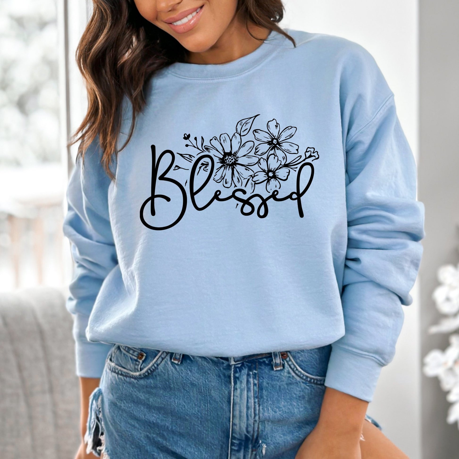 Floral Blessed Graphic Sweatshirt, Inspirational Women's Clothing, Casual Pullover, Comfy Top with Positive Message - Mardonyx Sweatshirt