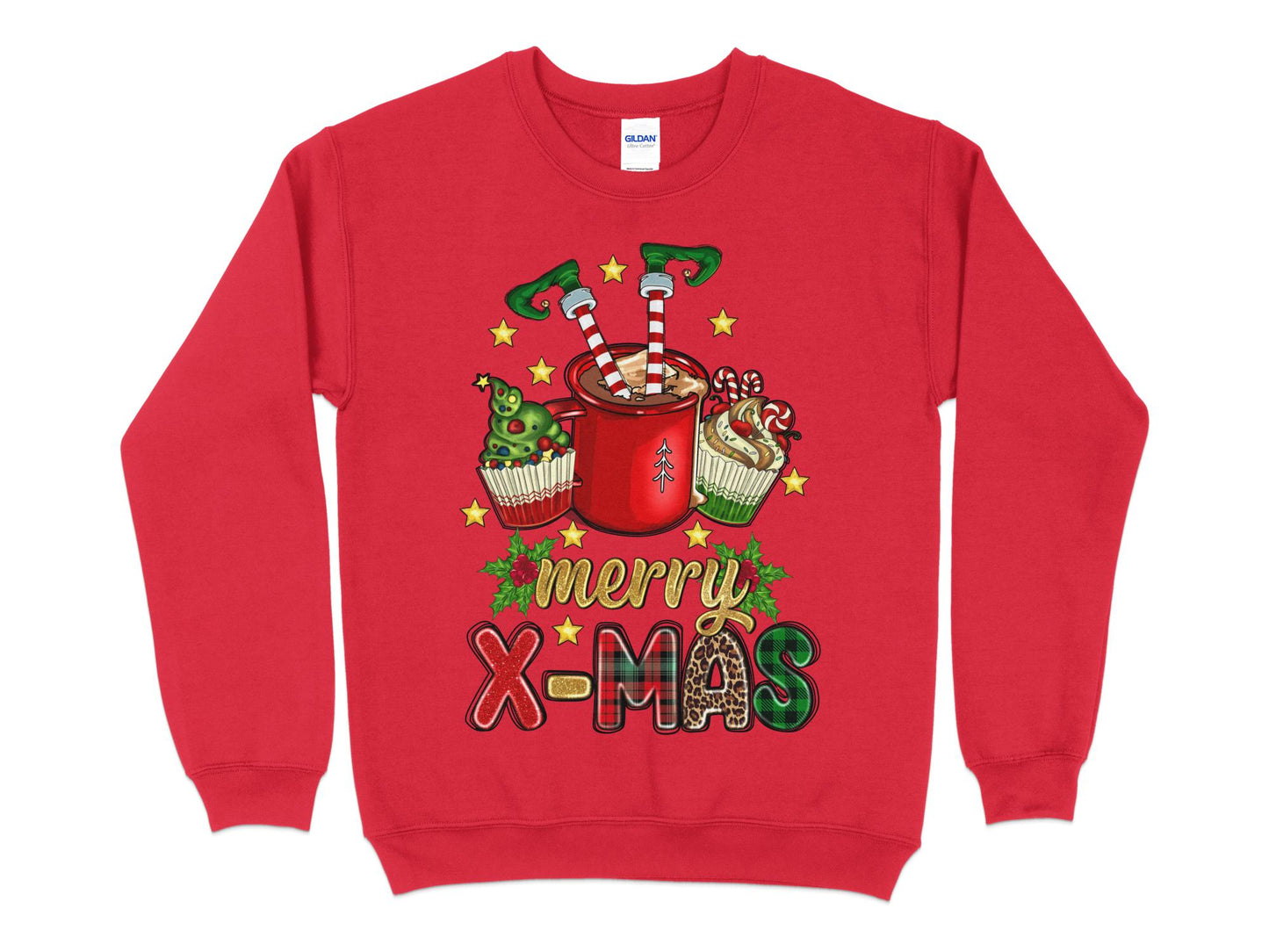 Merry Christmas Elf in Cup Sweatshirt, Funny Christmas Shirt for Women, Christmas Crewneck, funny Holiday Sweater, Plus Size Options - Mardonyx Sweatshirt S / Red