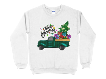 Merry Christmas Plaid Truck Shirt, Christmas Sweatshirt, Christmas Family Matching, Xmas Top, Holiday top for Women, Women's Xmas shirt - Mardonyx Sweatshirt S / White
