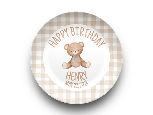 Coquette Style Brown Gingham Personalized Smash Cake Plate – A Sweet Keepsake for Baby’s 1st Birthday. Teddy First Birthday Plate