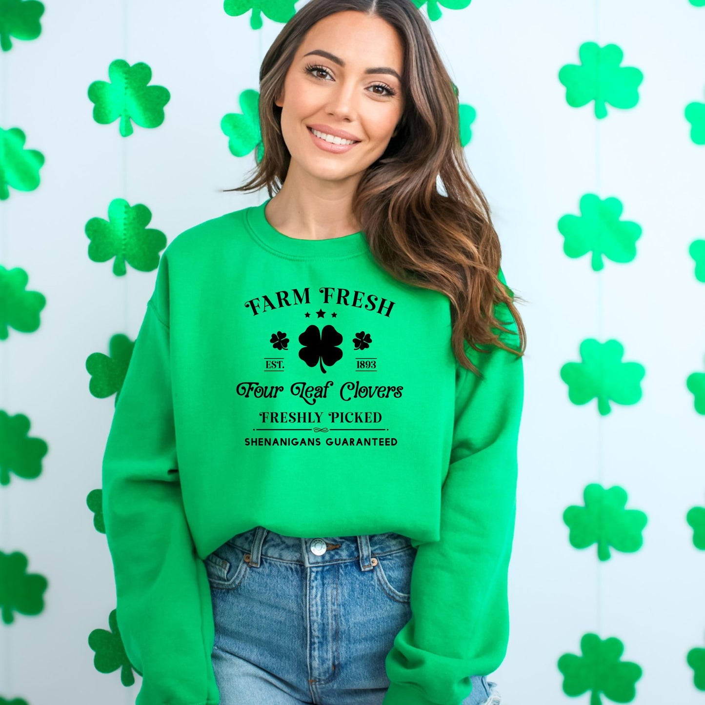 Farm Fresh Four Leaf Clovers Sweatshirt, Vintage Style St. Patrick's Day Apparel, Unisex Green Pullover, Irish Heritage Clothing - Mardonyx Sweatshirt S / Irish Green