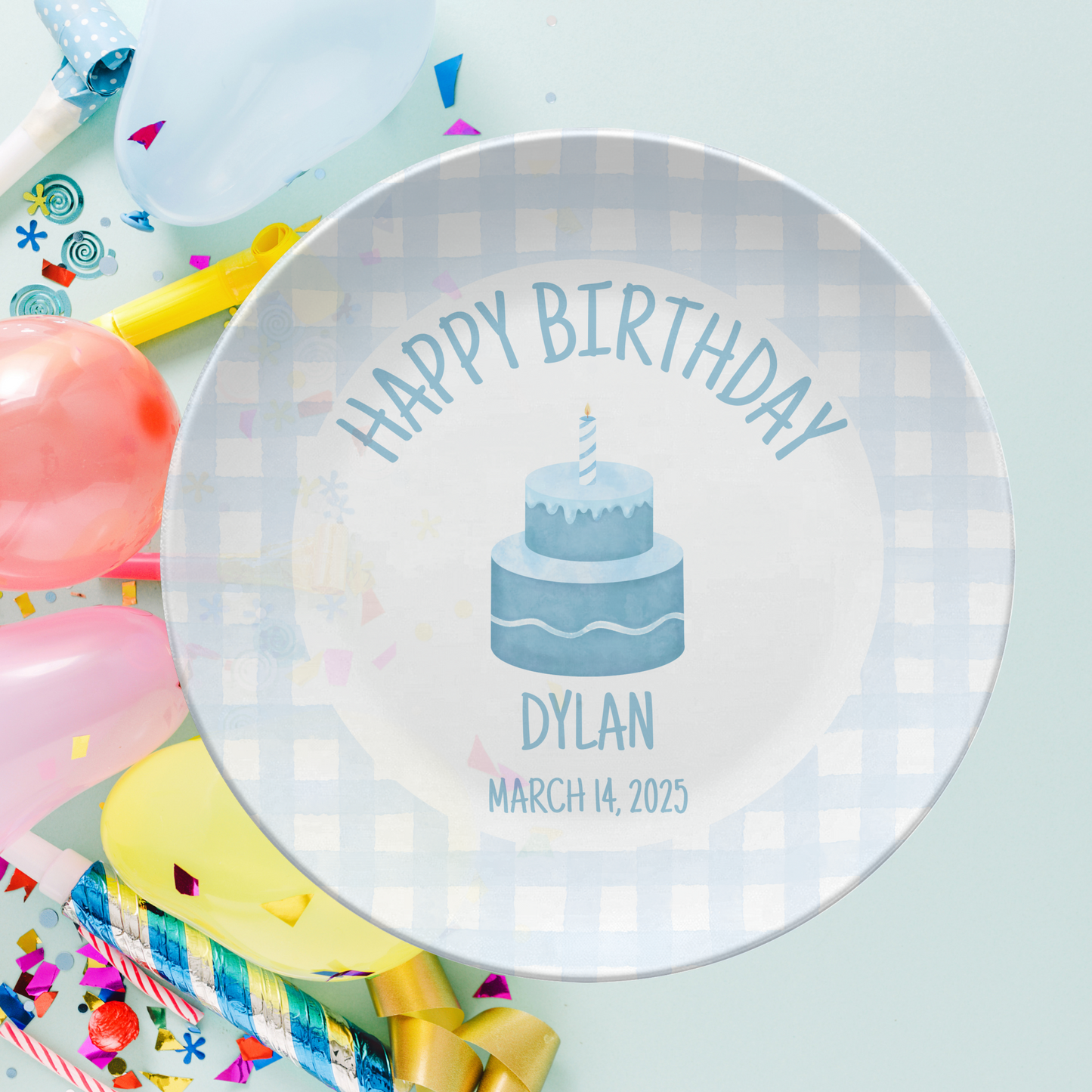 Blue Gingham Birthday Plate