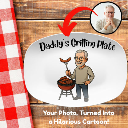 Custom Cartoon BBQ Platter – Personalized Gift for Dad or Grandpa – AI-Drawn Grilling Illustration – Father's Day, Birthday or Holiday Gift