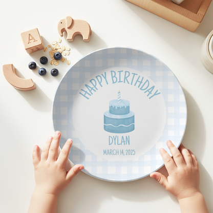 Blue Gingham Birthday Plate