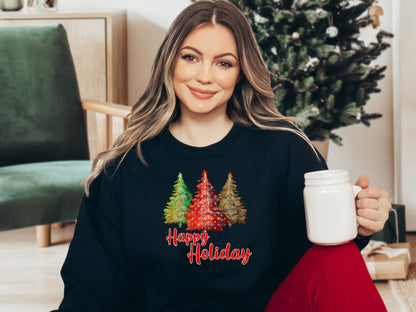 Happy Holidays Tree Shirt, Cute Christmas Sweatshirt, Womens Christmas Shirt, Red Raglan shirt for women, Christmas shirt for women - Mardonyx Sweatshirt