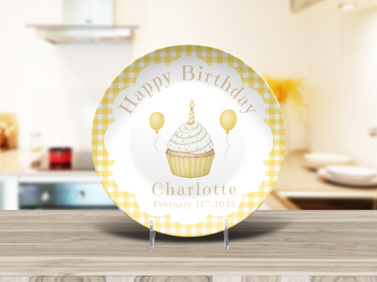 Personalized Baby First Birthday Plate - Yellow Gingham Birthday Party Decoration