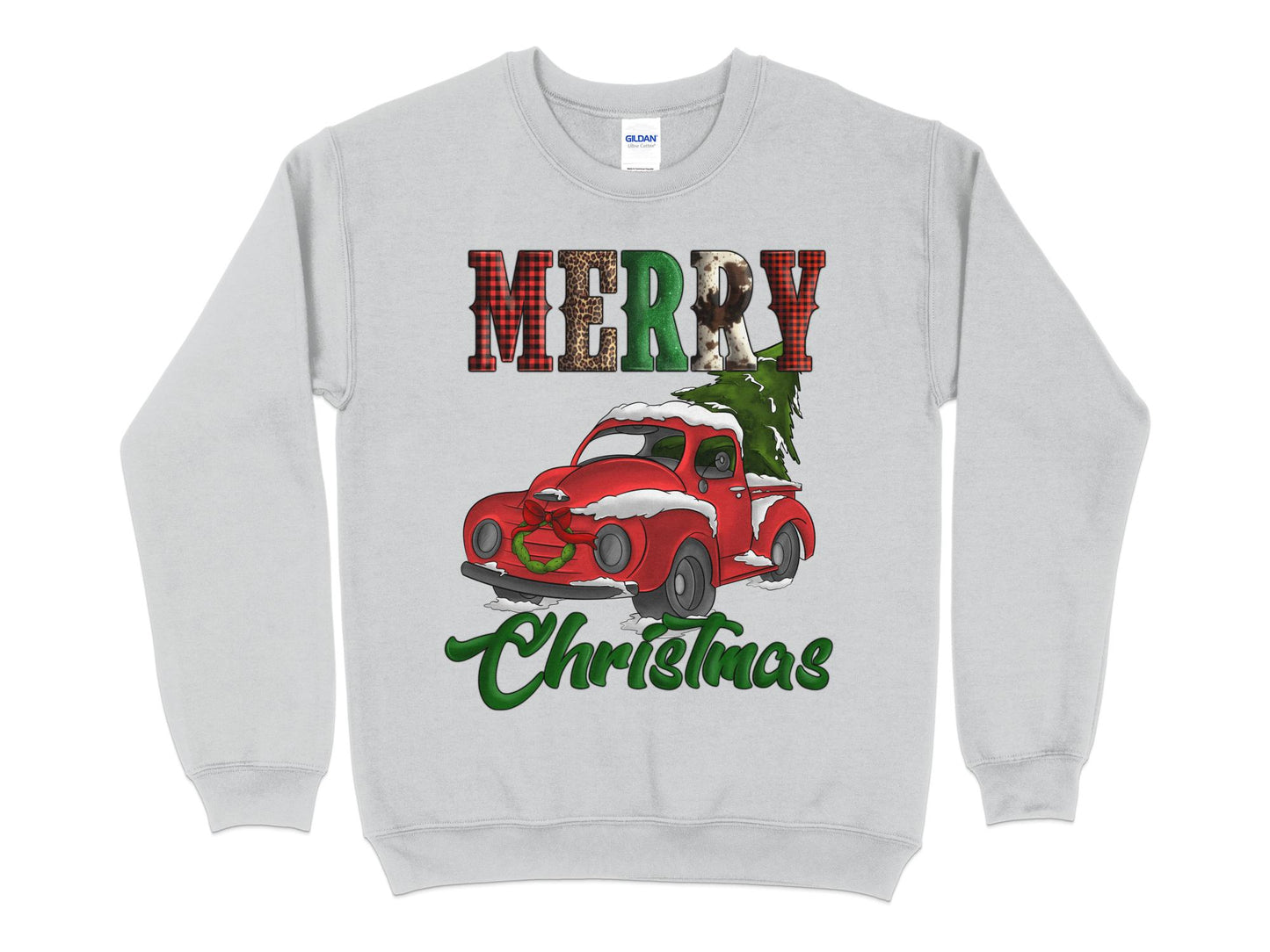Merry Christmas Red Truck Cow Leopard Buffalo Print Sweatshirt, Christmas Sweater - Mardonyx Sweatshirt S / Sport Grey