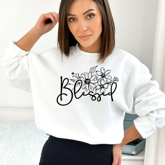 Floral Blessed Graphic Sweatshirt, Inspirational Women's Clothing, Casual Pullover, Comfy Top with Positive Message - Mardonyx Sweatshirt