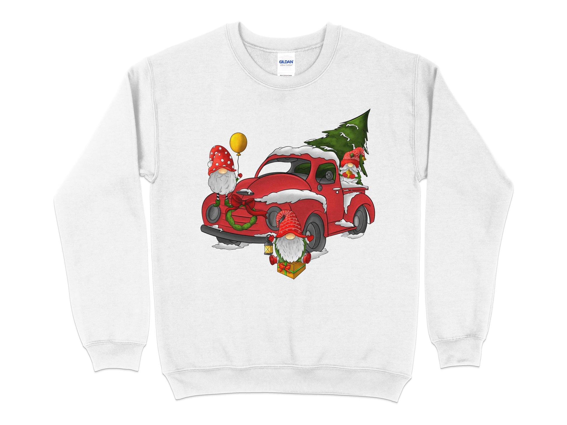 Christmas Gnome Red Truck Sweatshirt, Christmas Sweater, Gnome Christmas Sweatshirt, Christmas Crewneck - Mardonyx Sweatshirt S / White