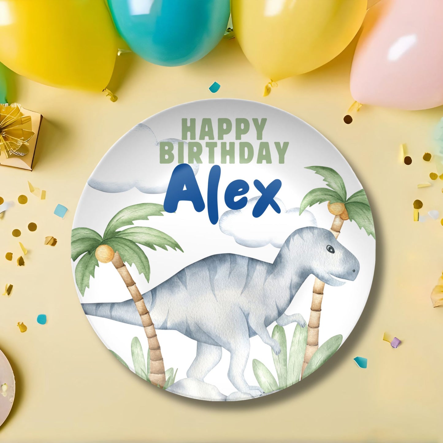 Personalized Watercolor Dinosaur Birthday Plate – Custom Name Keepsake for Kids