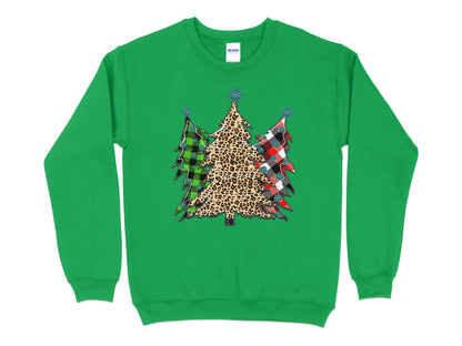 Christmas Tree Leopard Plaid Sweatshirt, Womens Cute Christmas Sweater, Christmas Holiday Party Pullover, Leopard Print Crewneck Knit - Mardonyx Sweatshirt S / Irish Green