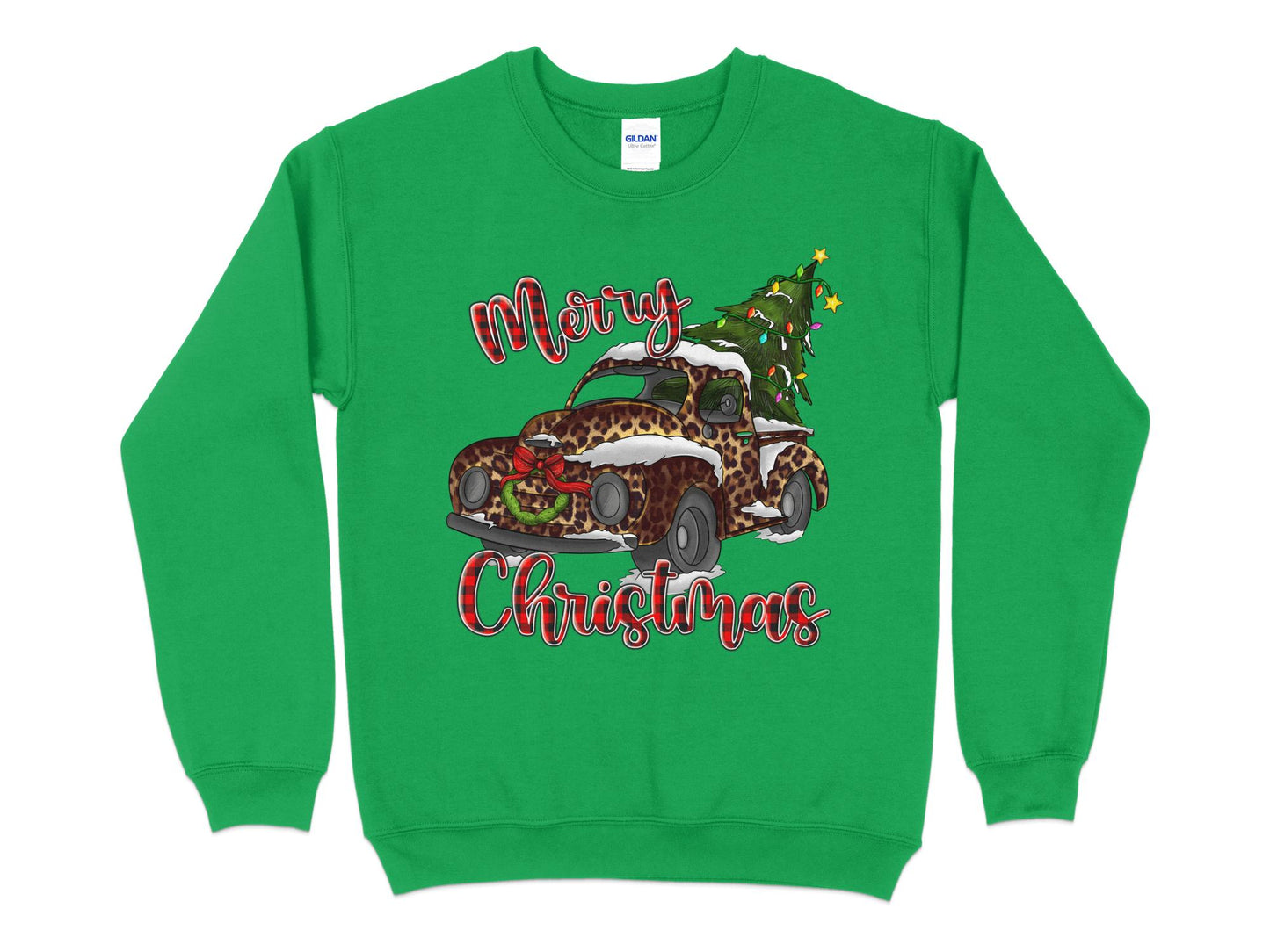 Merry Christmas Leopard Print Truck Sweatshirt, Christmas Sweater for Women, Christmas Gift for Women, Holiday Sweater, Xmas Shirt - Mardonyx Sweatshirt S / Irish Green