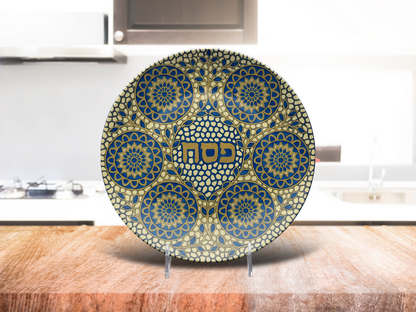 Passover Seder Plate – 10" Unbreakable Blue & Gold Judaica Plate Modern Pesach Table Decor