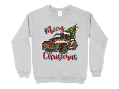 Merry Christmas Leopard Print Truck Sweatshirt, Christmas Sweater for Women, Christmas Gift for Women, Holiday Sweater, Xmas Shirt - Mardonyx Sweatshirt S / Sport Grey