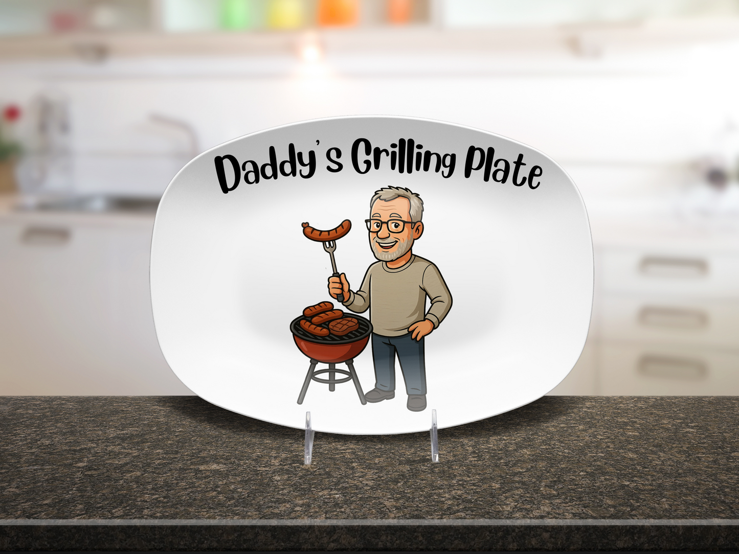 Custom Cartoon BBQ Platter – Personalized Gift for Dad or Grandpa – AI-Drawn Grilling Illustration – Father's Day, Birthday or Holiday Gift