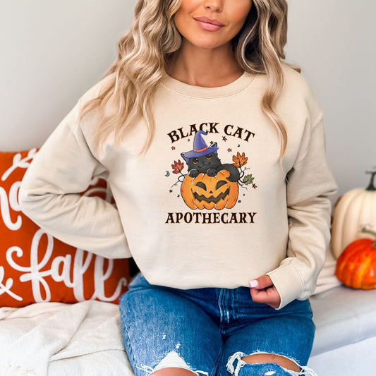 Black Cat Halloween Sweatshirt, Halloween Crew Neck - Mardonyx Sweatshirt