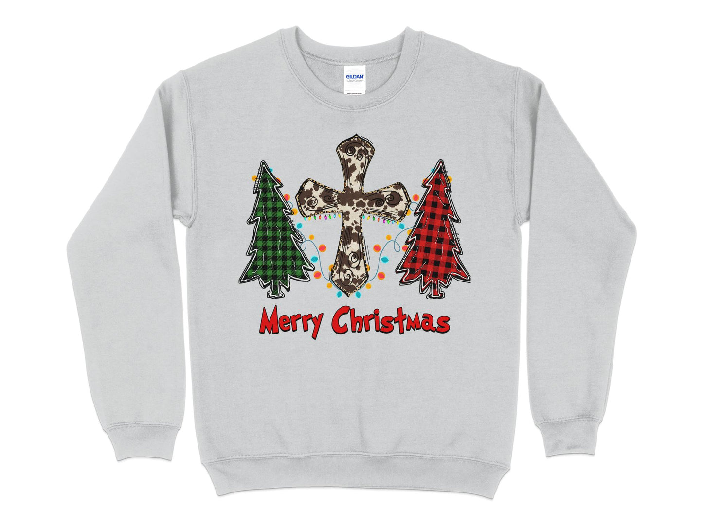 Merry Christmas Cow Print Cross Buffalo Plaid Tree Sweatshirt, Christmas Sweater, Cute Christmas Shirt, Holiday Shirt, Xmas Gifts - Mardonyx Sweatshirt S / Sport Grey