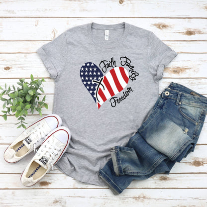 Women's Patriotic American Flag Faith Family Freedom T-Shirt