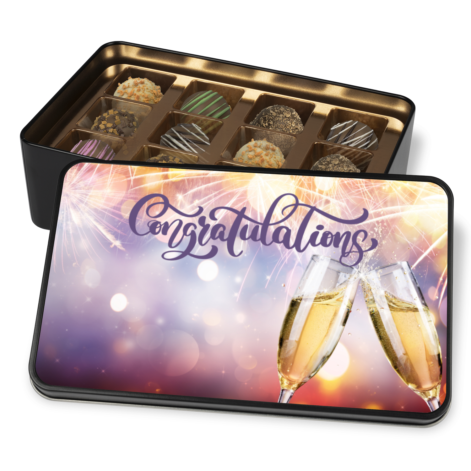 Congratulations Truffle Box - 12 Gourmet Flavors in Keepsake Tin - Mardonyx Candy