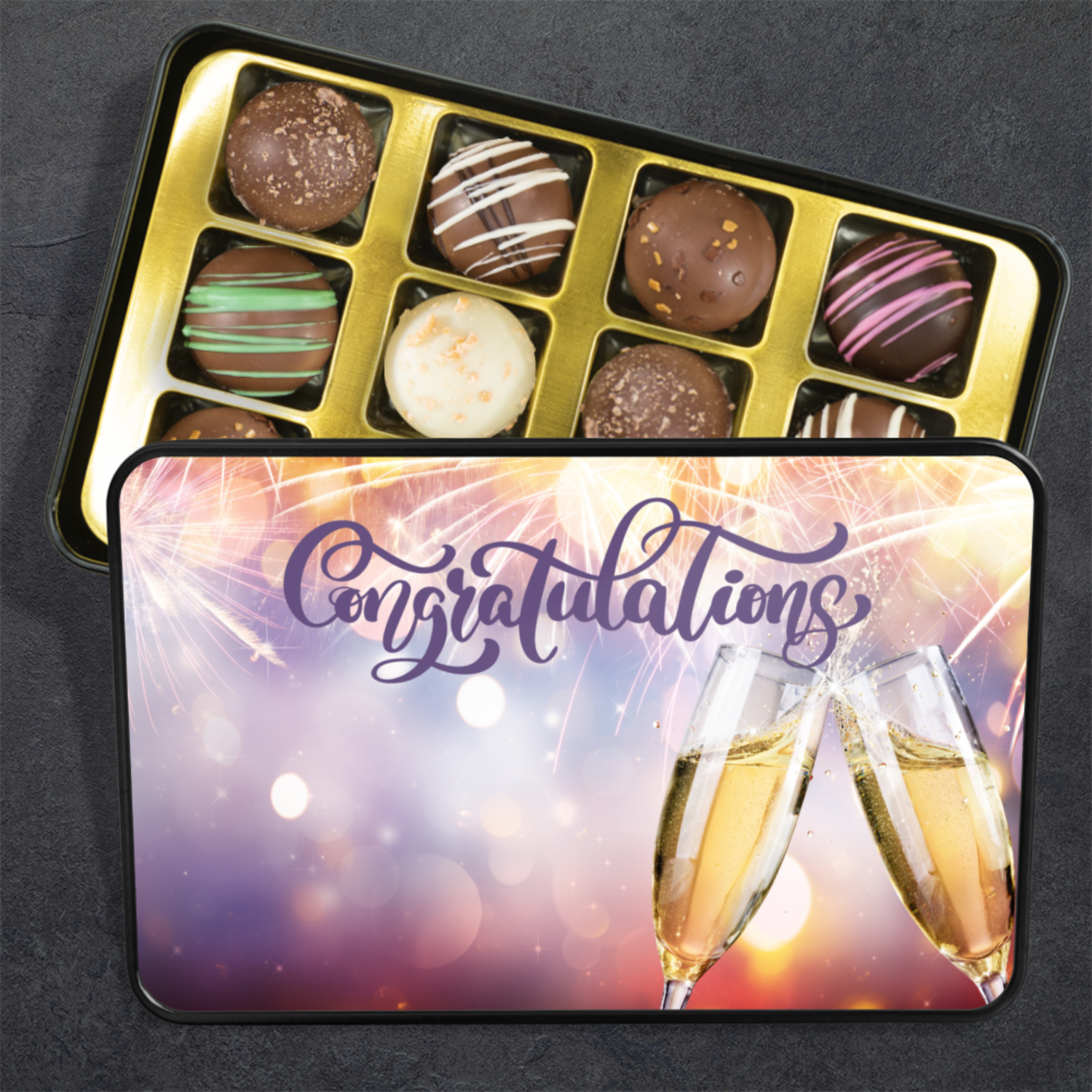 Congratulations Truffle Box - 12 Gourmet Flavors in Keepsake Tin - Mardonyx Candy