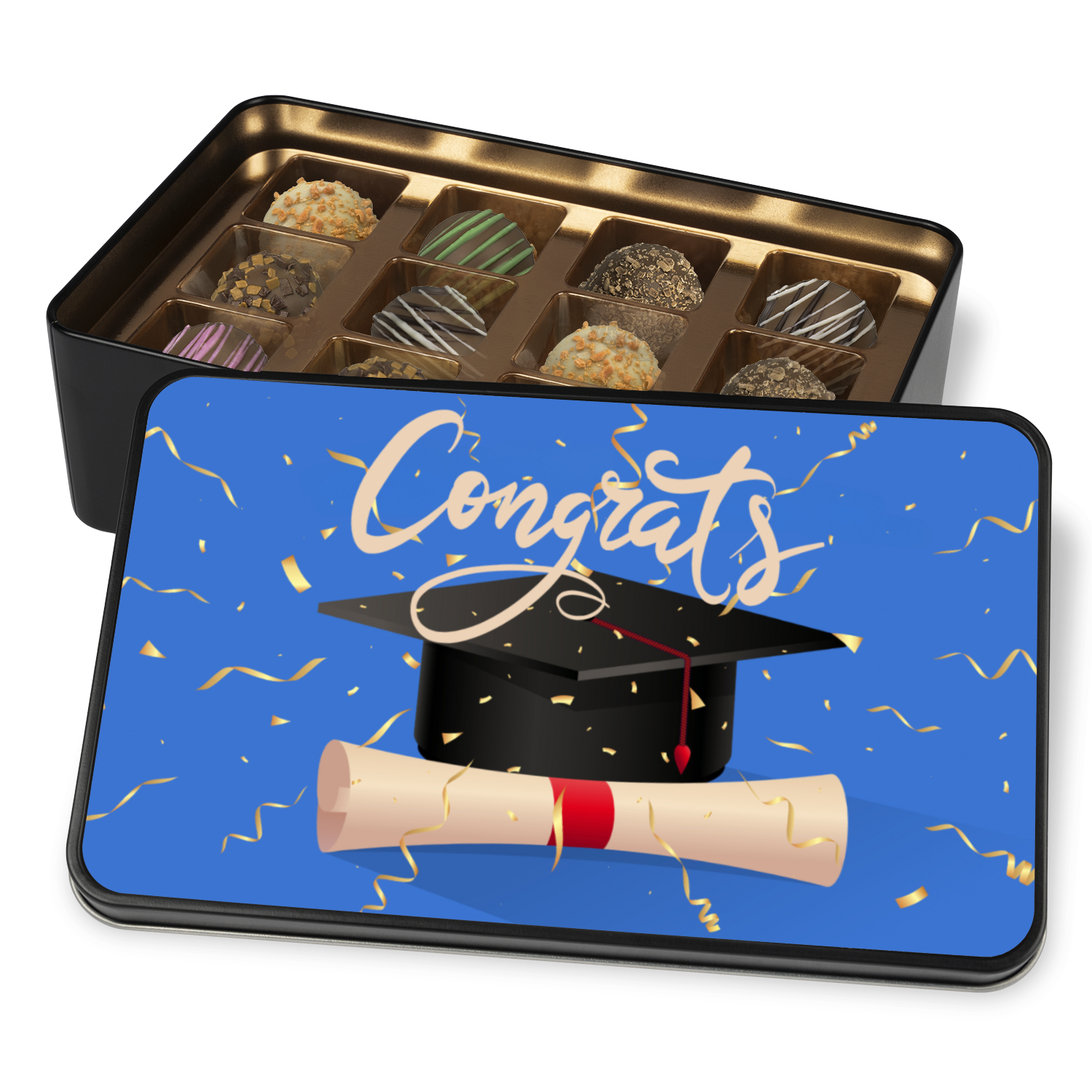 Congrats Graduation Truffle Box - Assorted Flavors in Blue-themed Keepsake Tin - Mardonyx Candy