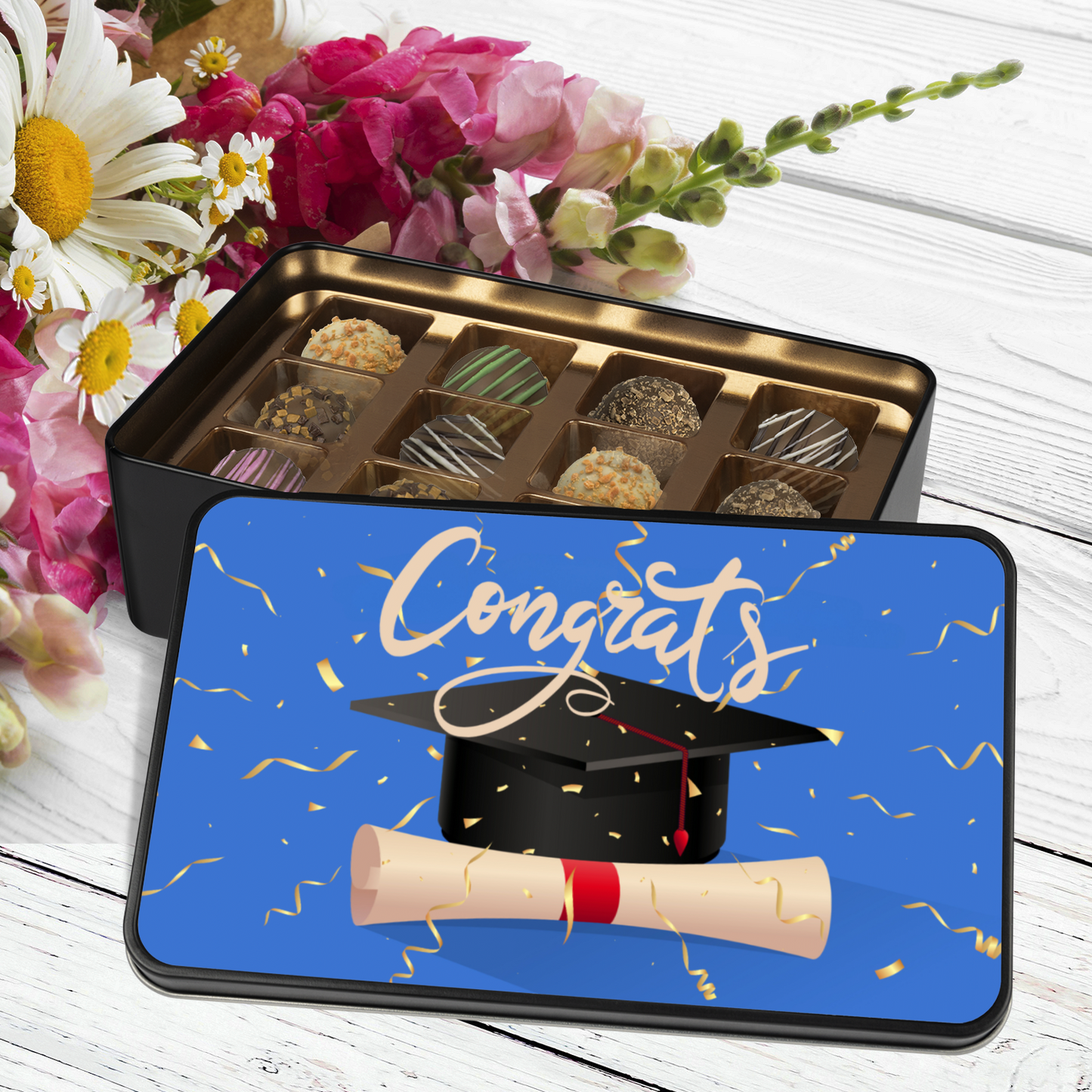 Congrats Graduation Truffle Box - Assorted Flavors in Blue-themed Keepsake Tin