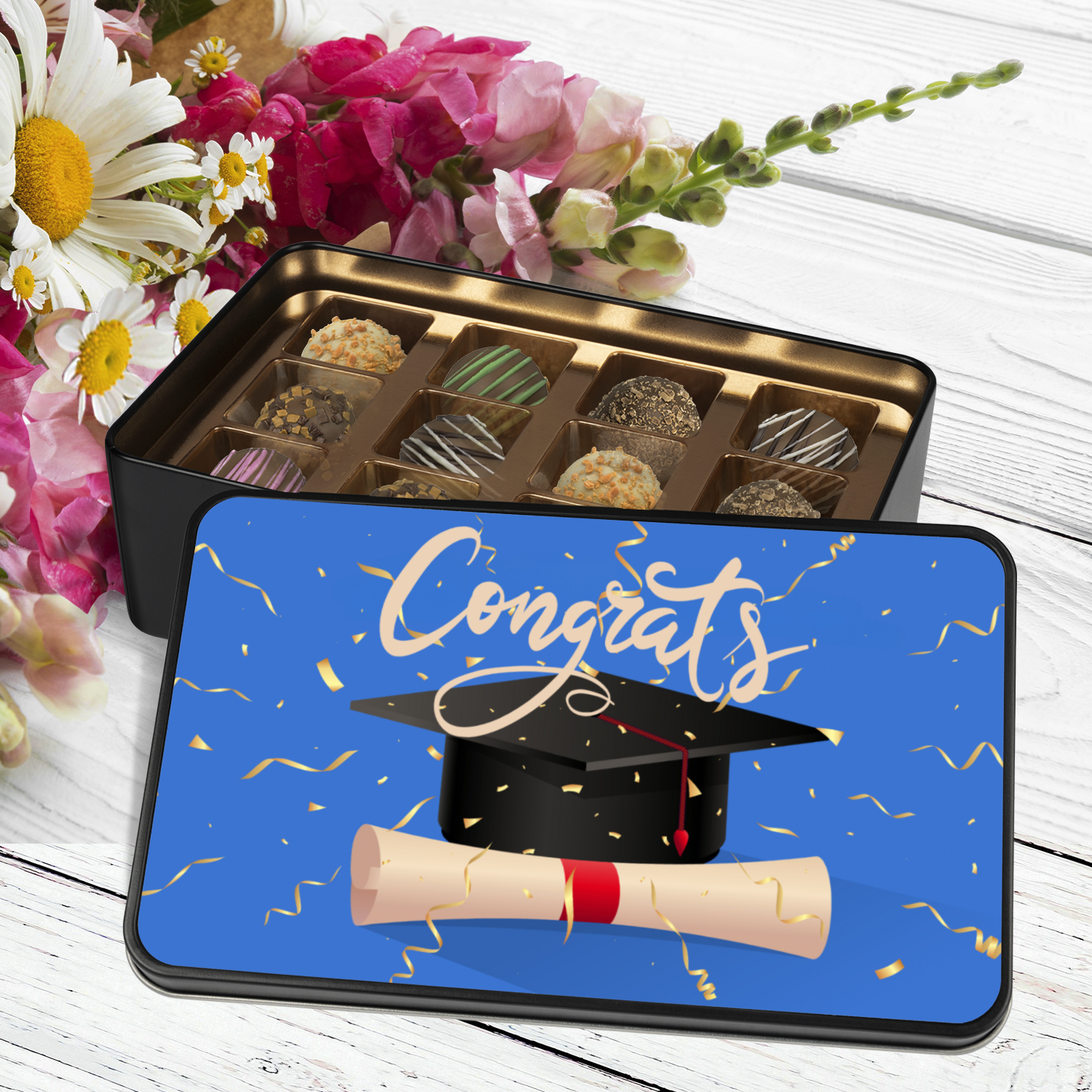 Congrats Graduation Truffle Box - Assorted Flavors in Blue-themed Keepsake Tin - Mardonyx Candy