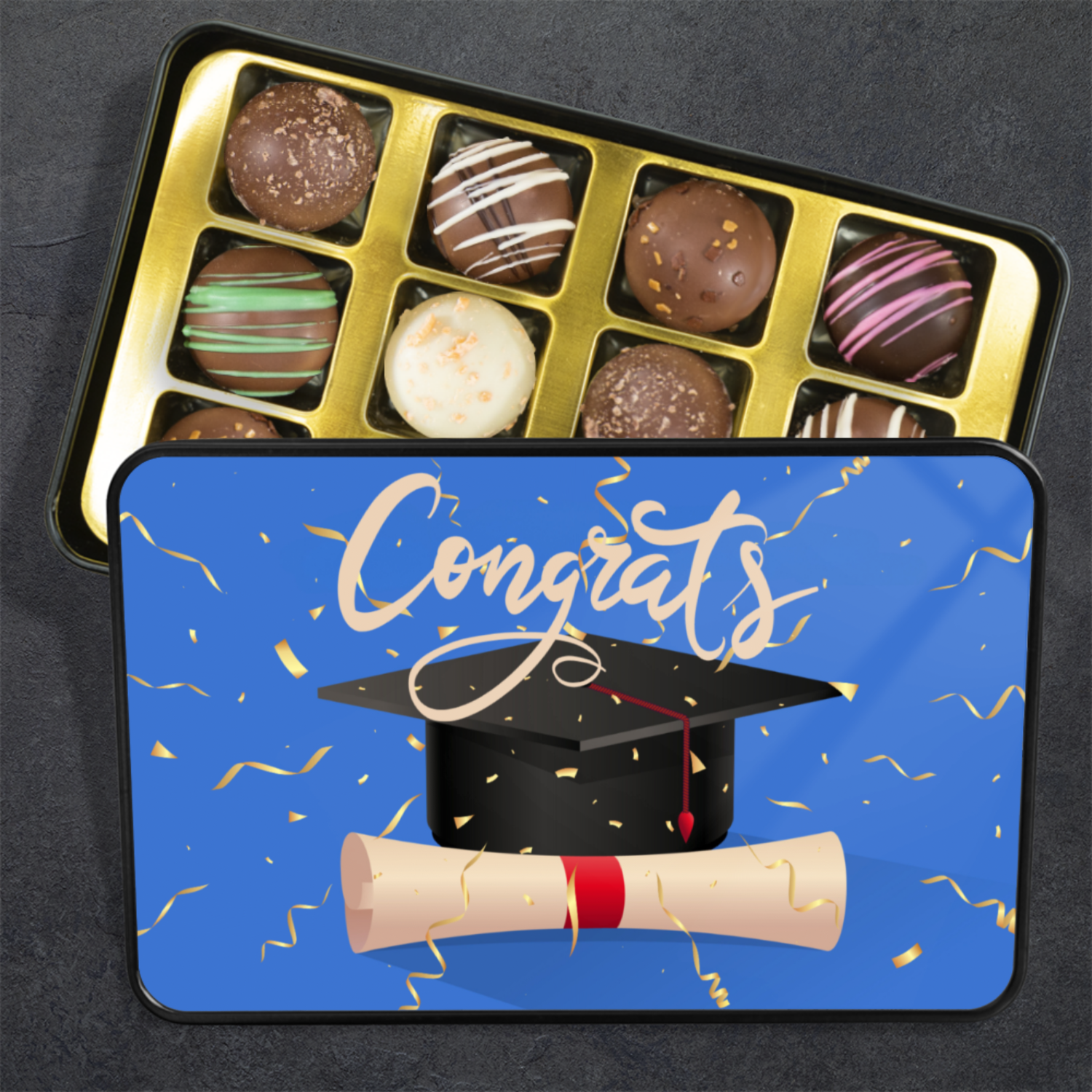 Congrats Graduation Truffle Box - Assorted Flavors in Blue-themed Keepsake Tin - Mardonyx Candy