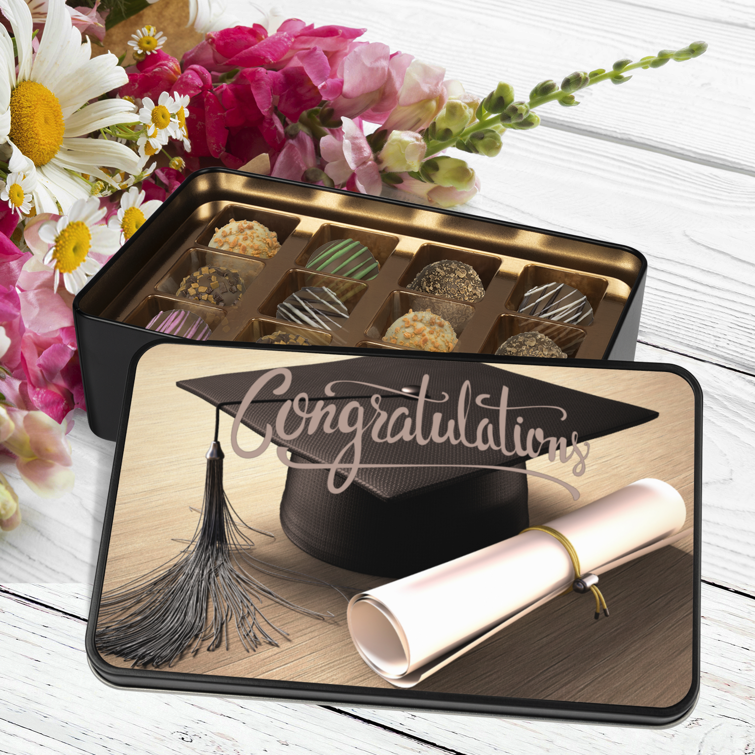 Congratulations Grad Truffle Box - Assorted Flavors in Commemorative Keepsake Tin - Mardonyx Candy