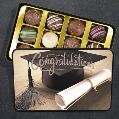 Congratulations Grad Truffle Box - Assorted Flavors in Commemorative Keepsake Tin - Mardonyx Candy