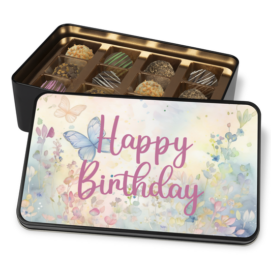 Happy Birthday Butterfly Truffle Box - Assorted Flavors in Beautiful Keepsake Tin