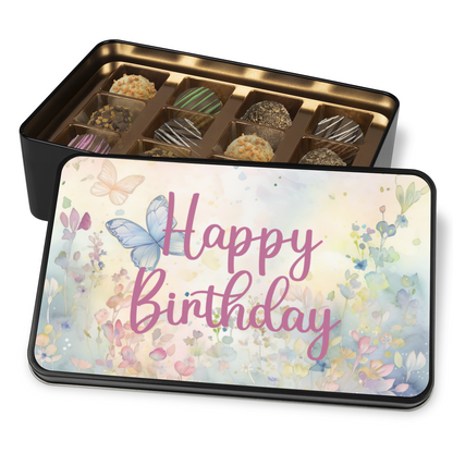 Happy Birthday Butterfly Truffle Box - Assorted Flavors in Beautiful Keepsake Tin - Mardonyx Candy