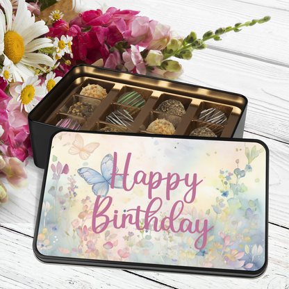 Happy Birthday Butterfly Truffle Box - Assorted Flavors in Beautiful Keepsake Tin - Mardonyx Candy