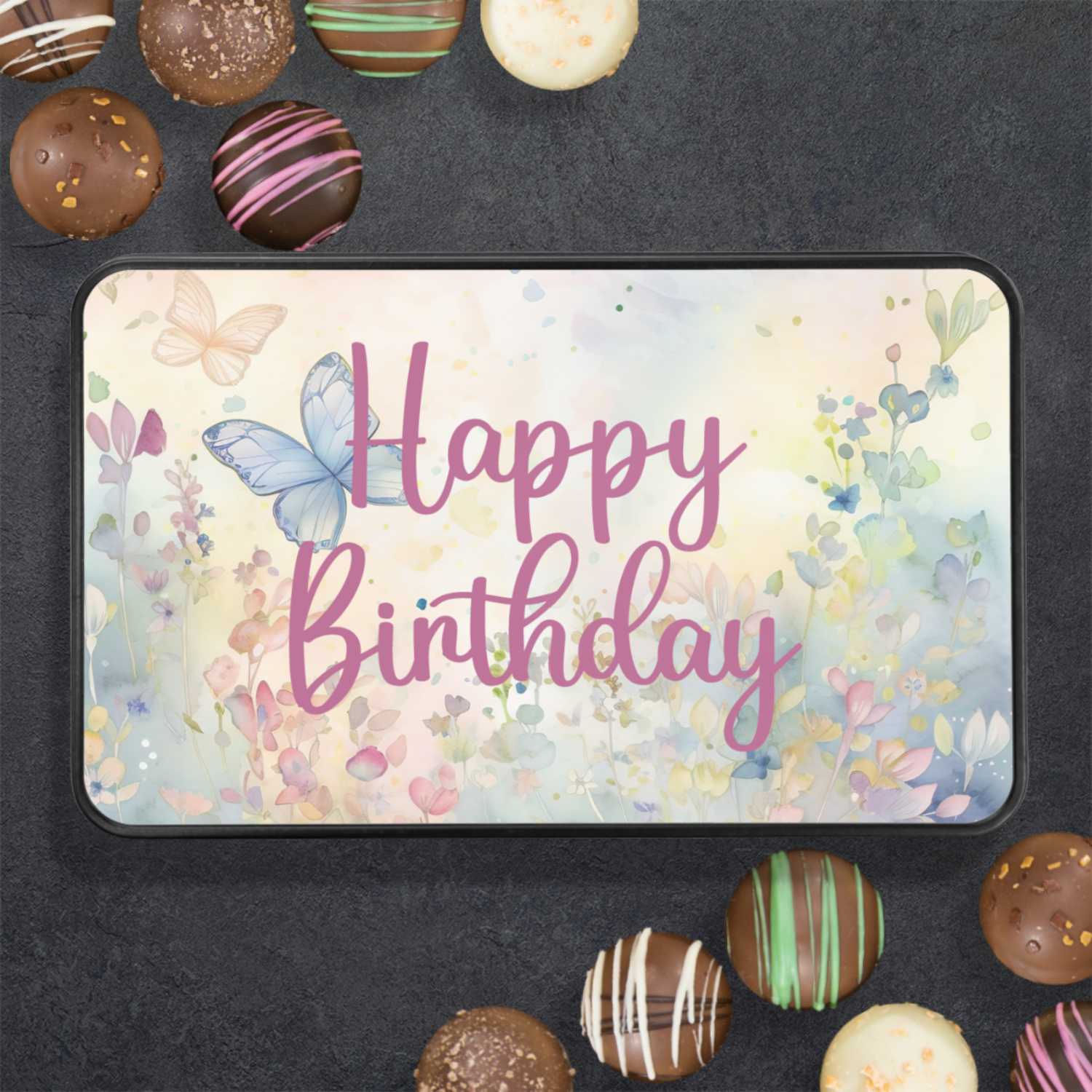 Happy Birthday Butterfly Truffle Box - Assorted Flavors in Beautiful Keepsake Tin - Mardonyx Candy